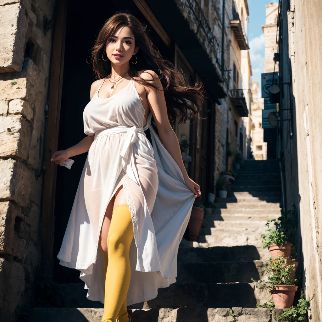 Documentary photo of a gorgeous 50 years old redhead woman goes down the stairs in a alley of Matera, (beautiful face:1.3), real skin pores, skin imperfections, perfect face. Long loose hair. (1woman), She wears the classic long white vestal toga of the ancient Greeks, long white skirt, (long white vestal toga:1.3), bare shoulders, sleeveless, (long white skirt moved by the wind, raised by the wind). Going down the steps in sassi_di_matera. Necklace and earrings, slightly open mouth, moles on skin. The wind lifts her toga showing off her . Upskirtght sunny day. High-heeled shoes. Partially visible vulva behind panties. Lookiiewer smiling, perfect beautiful face, red slightly separated lips. Photorealistic solo woman. Partially visible hairy genitals. Clear blue ky. Frontal view. Photorealistic image. Realistic hands. [The character is surrounded by mist, evoking a mysterious and eerie atmosphere. The lighting is dark and atmospheric, with smoke adding a touch of sinister ambiance. Best quality image, HDR enhancement, showcasing the utmost level of detail and realism, full body shot:1.5]. [8K, Best Quality, Ultra High Resolution, (highly detailed CG unity 8k wallpaper), (best photo), (best shadows), isometric 3D, octane rendering, ray tracing, highly detailed, (Best quality, 4K, 8k:1.2), absurdity, ultra detailed, (realistic, photorealistic, photorealistic:1.37), complex parts, HDR, (complex parts:1.12), (hyper detailed, hyper realistic, Soft lighting, spicy:1.2), (complex parts, H detailed:1.15). Blurred foreground. (backlit), masterpiece, high quality, brightness, chromatic aberration, foggy smoke, shadows, contrast, clear sky, (warm hue, warm tone), high details, natural reflections].