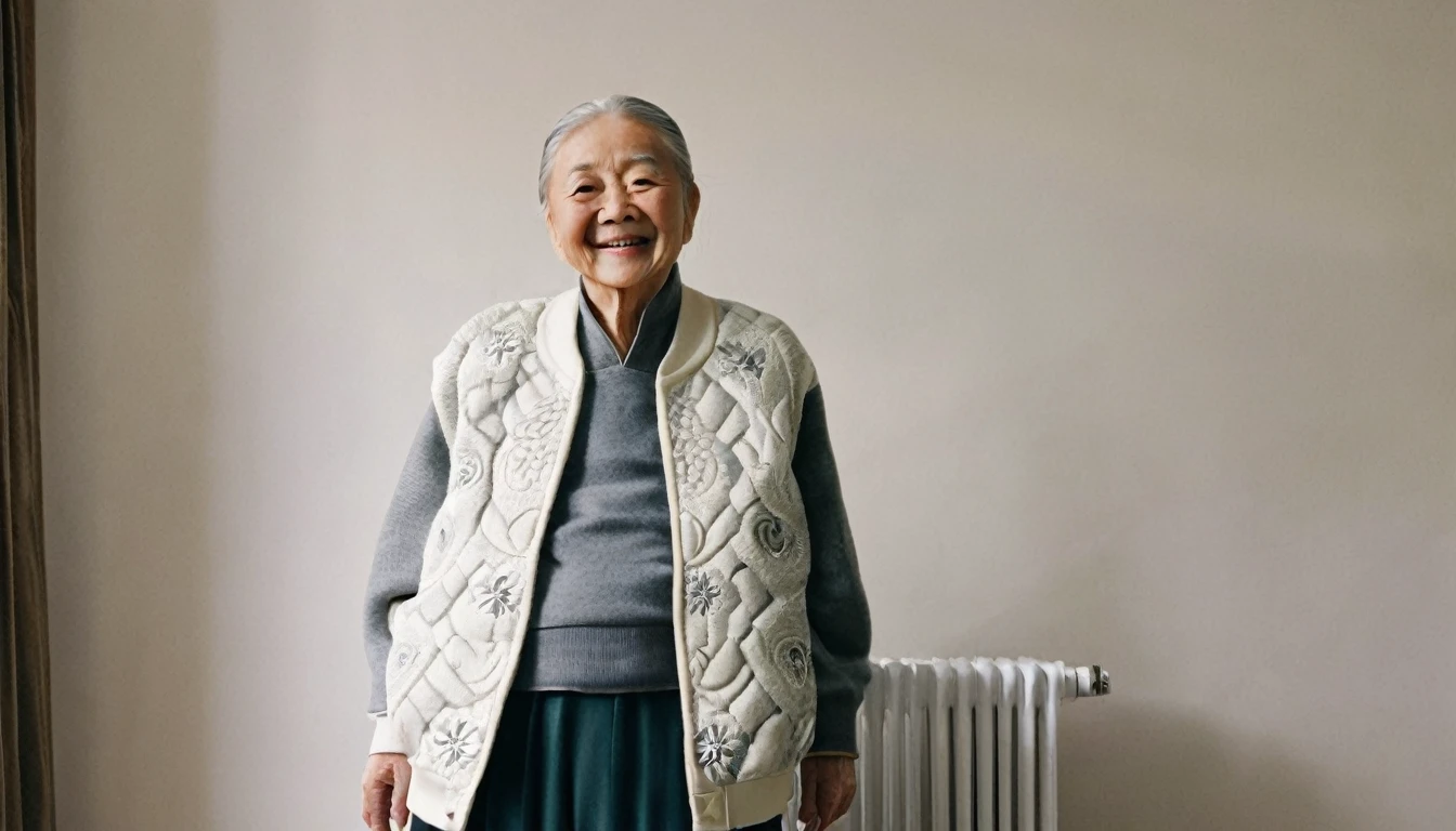 An elderly Asian,in living room,Hand touching the radiator,Facing the camera,Smile,Radiator against the wall,Chinese style decoration,Wear a thick cotton jacket