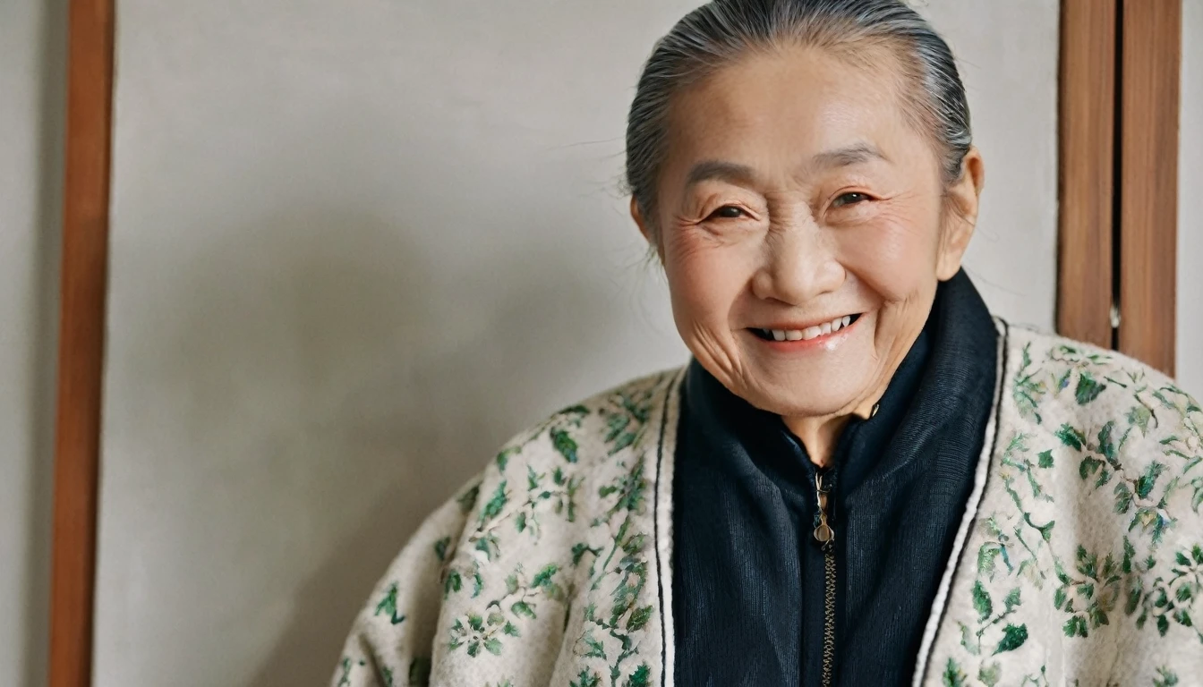 An elderly Asian,in living room,Hand touching the radiator,Facing the camera,Smile,Radiator against the wall,Chinese style decoration,Wear a thick cotton jacket