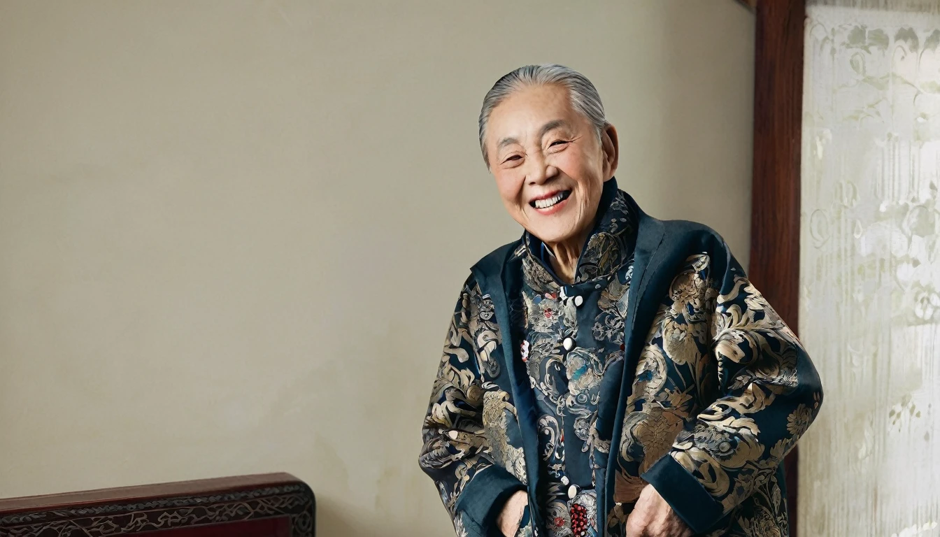 An elderly Asian,in living room,Hand touching the radiator,Facing the camera,Smile,Radiator against the wall,Chinese style decoration,Wear a thick cotton jacket