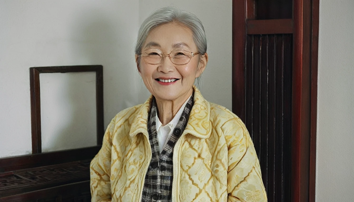 An elderly Asian，in living room，Hand touching the radiator，Facing the camera，Smile，Radiator against the wall，Chinese style decoration，Wear a thick cotton jacket