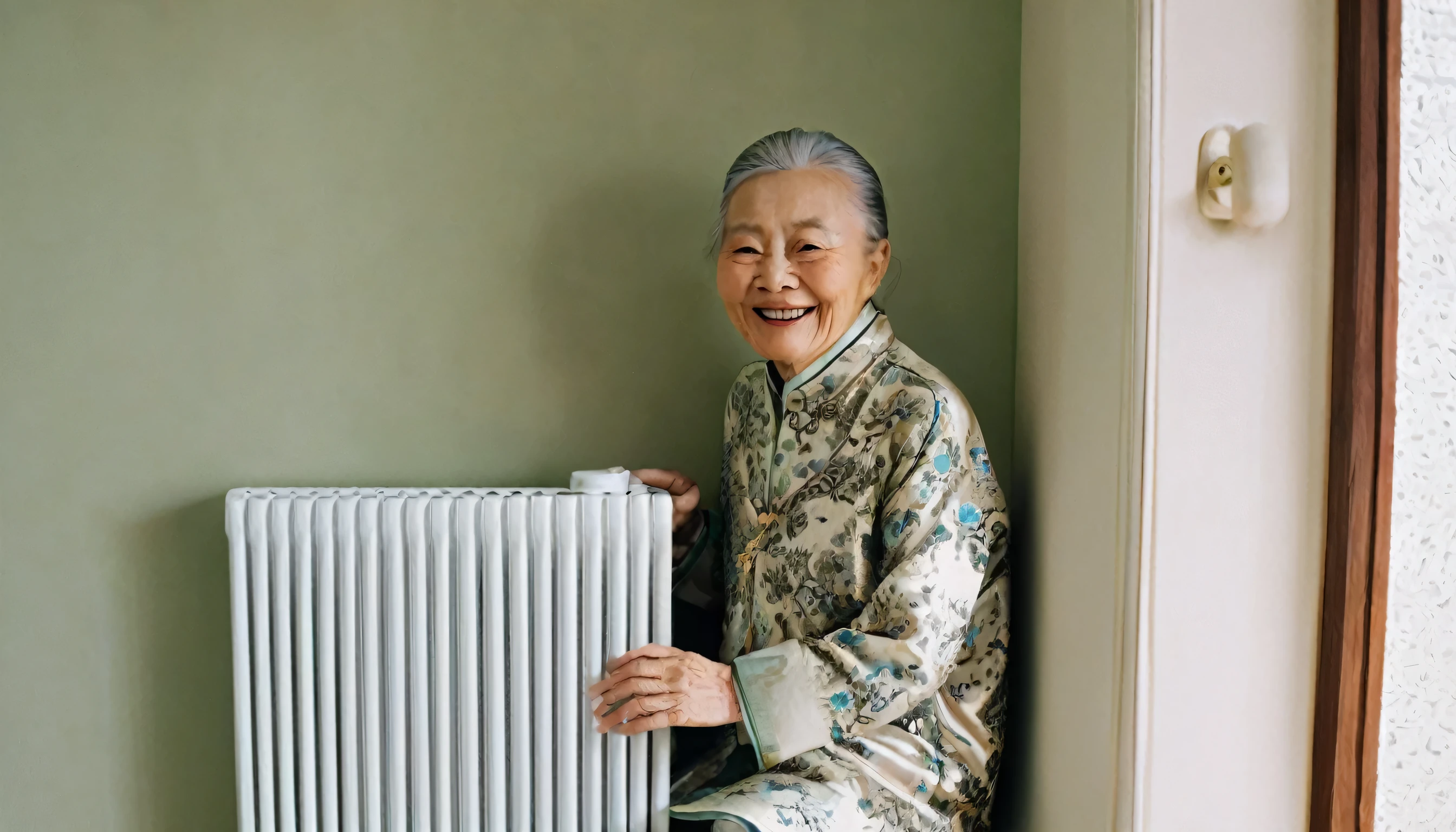 An elderly Asian，in living room，Hand touching the radiator，Facing the camera，Smile，Radiator against the wall，Chinese style decoration