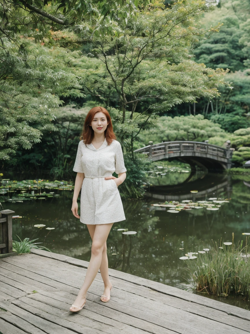 her name is Amelie, high quality, 1girl, ((25-year-old fit Caucasian woman)), ((large breasts)), ((25 years old)), ((slim,thin belly and thin legs)), ((straight auburn hair)), pose: standing, wearing Popular Generation-Z modern wear elegant colored, BACKGROUND: "Strolling through Monet's garden, with its famous water lily pond and Japanese bridge."