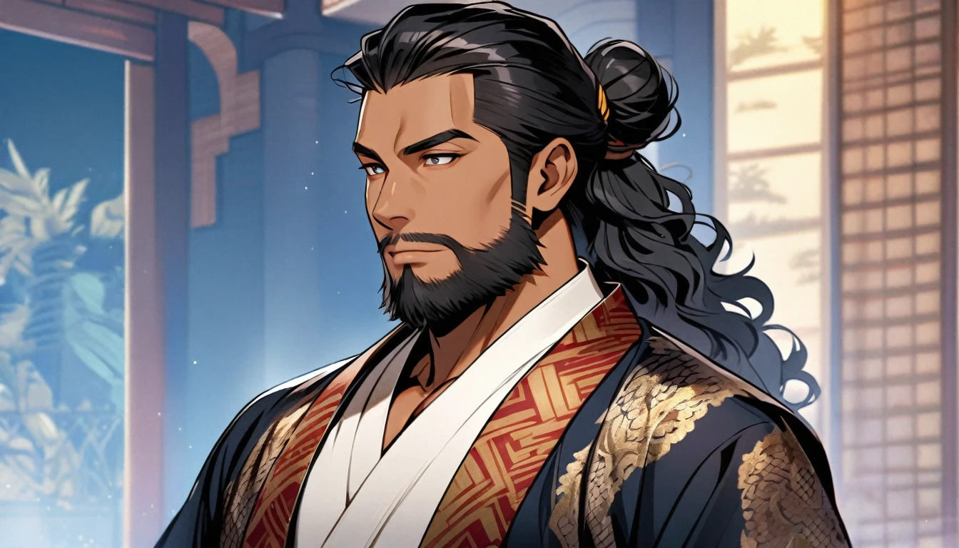 Handsome, single, middle-aged man, tan skin, ASEAN appearance, beard, black hair, wavy hair tied in a bun, in Thailand style clothing.