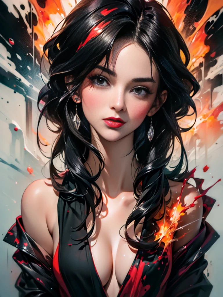 masterpiece, Best quality, ultra high resolution, Beautiful, elegant, Elegant, Award-winning art, 1 girl , portrait, half naked, (style Yuko Shimizu:1.1), (abstract art:1.2), Red lips, Silent man in chaodel pose at fashion show, style by Rebecca Guy, black hair, red fire , enveloped in flames, dark theme, Visually stunning, fabulous