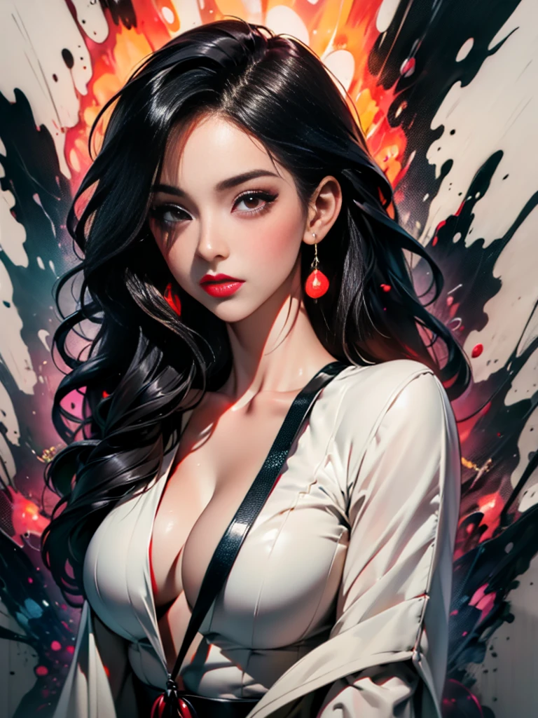 masterpiece, Best quality, ultra high resolution, Beautiful, elegant, Elegant, Award-winning art, 1 girl , portrait, half naked, (style Yuko Shimizu:1.1), (abstract art:1.2), Red lips, Silent man in chaodel pose at fashion show, style by Rebecca Guy, black hair, red fire , enveloped in flames, dark theme, Visually stunning, fabulous