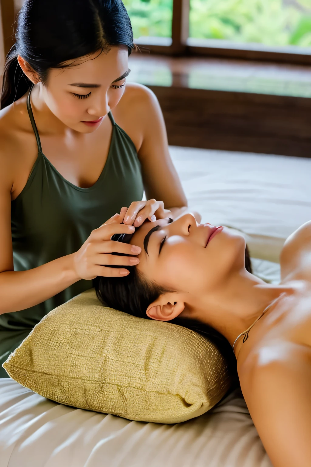 Asian、Head massage、Therapist woman、Lying on bed、Balinese style