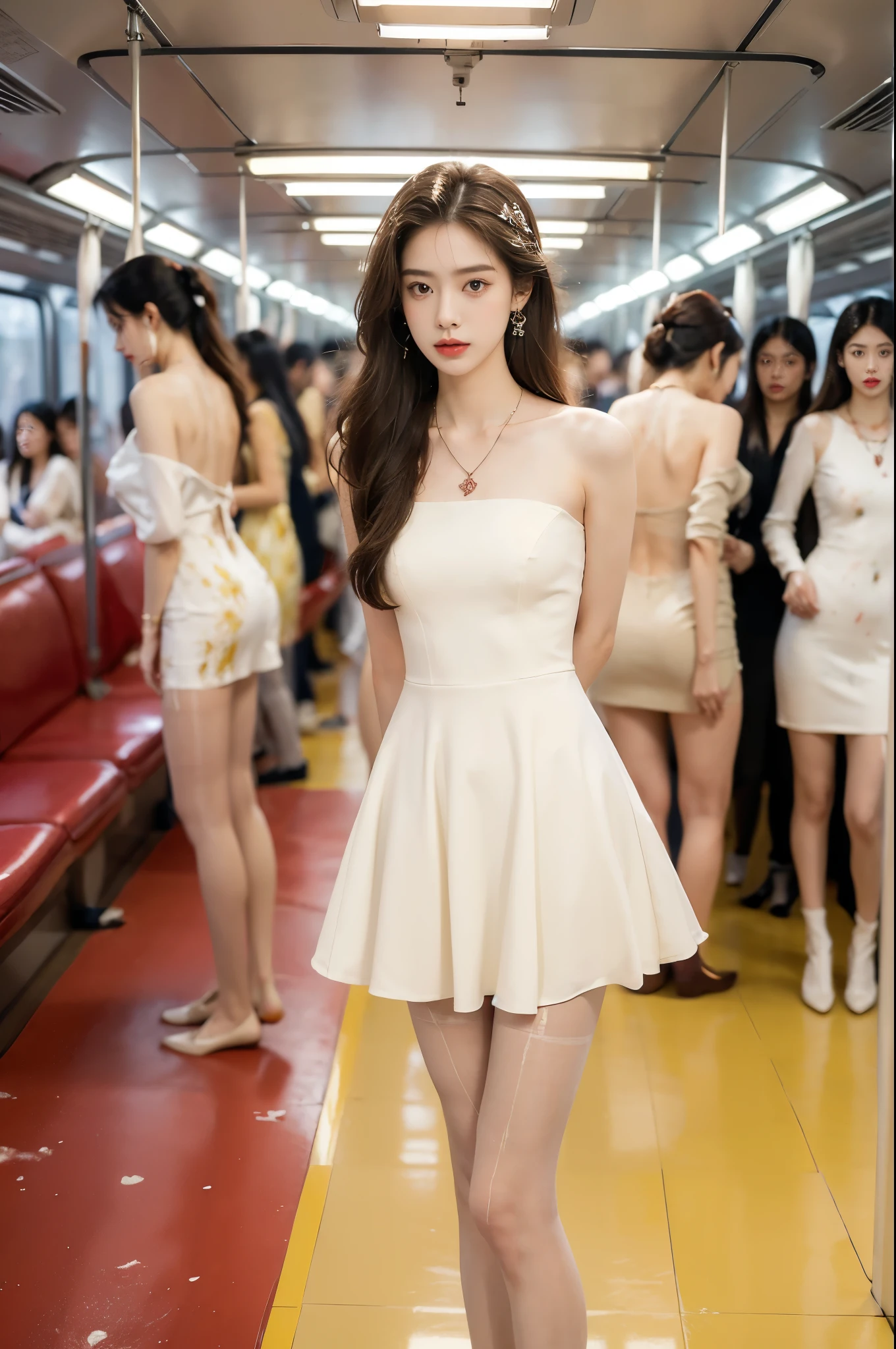 (((best quality))),(((ultra detailed))),(((masterpiece))),illustration,(a stunning girl,solo),(shoulder length straight hair:1.2),((earrings,necklace)),((slim,thin)),((small ???????,flat ?????)),(slender legs:1.2),(???? pantyhose:1.3),(loafers:1.2),(standing:1.3), ((awkwardly,painful,embarrassed)),(In modern high-speed railway carriages:1.3),(white dress splattered with red paint stains:1.3),(surrounded by crowded crowds:1.3),((from front,full body)),(arms behind back:1.3)