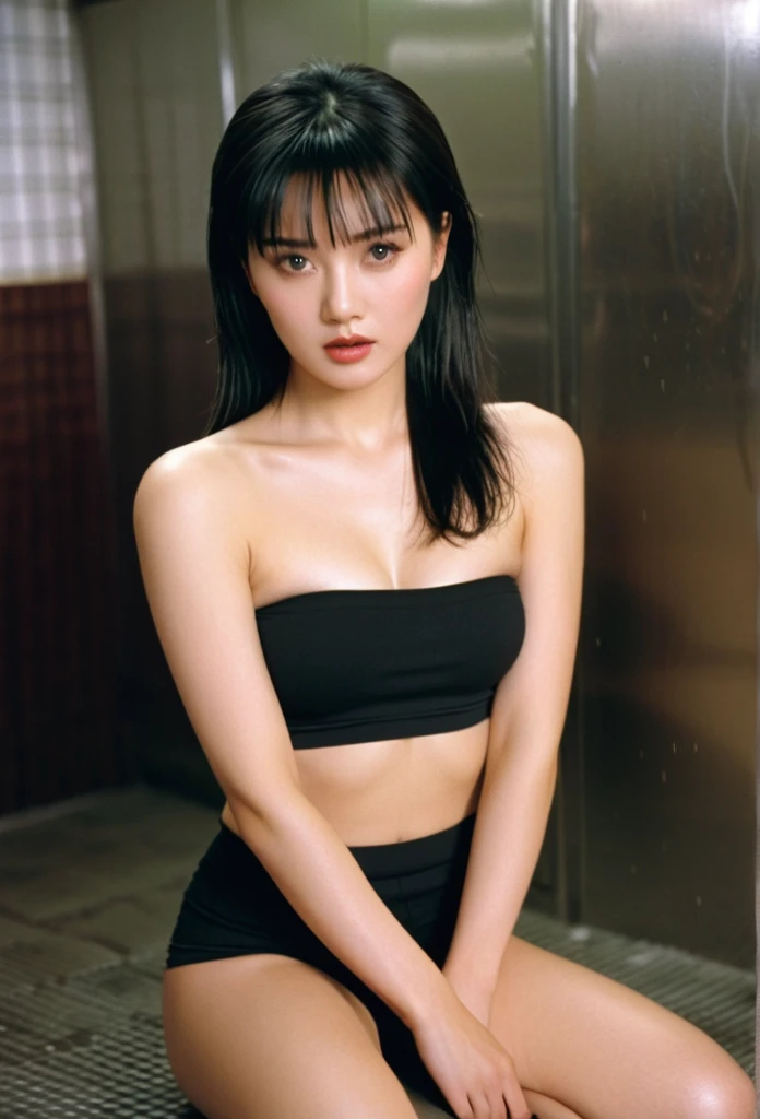 close-up of beautiful Chinese-Hongkong, Teresa Mak is a Chinese-Hongkong actress and model, Shan is a female character Street of Fury 1996 Chinese-Hongkong action movie, age 20 years old girl, youthful face, white skin body, perfect body, shoulder-length cut, standard black hair, straight hair, flat bangs cut, bust size 34 inches, wearing a tight plain standard dark black bandeau tube top, wearing a tight plain standard dark black seamless spandex boyshort pant short leggings, Shan sits on the male-only gangster room, Shan holding breasts with her own two hands is very sexy and sigh, Shan squeezes the breasts very seductively, Shan lowered her strapless tube top a little bit, ((Shan held her breasts while lying down in the male-only gangster room)), ((Shan experienced arousal when her breasts became tense and made her look tempted)), Shan pees in her male-only gangster room while sighing and teasing, Shan pees herself, Shan pees herself wet, ((Shan pees in her male-only gangster room until her breasts are tense)), ((pees herself)), ((pees wet)), Shan's hair was held again by the male gangster leader, then the male gangster leader took the scissors and cut Shan's hair short again, strand by strand pieces of Shan's hair fell on the floor, now the remaining pieces of Shan's hair filled the floor, ((Shan's hair was cut again by the male gangster leader using the scissors)), ((Shan's hair was cut again by the male gangster leader while Shan peed herself until it was wet)), ((strand by strand pieces of Shan's hair fell on the floor)), sexy looking pose, pose a naughty look, pose looks seductive, at the male-only gangster room, male-only gangster room background, UHD