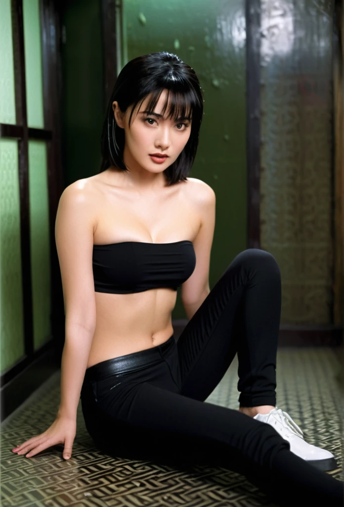 close-up of beautiful Chinese-Hongkong, Teresa Mak is a Chinese-Hongkong actress and model, Shan is a female character Street of Fury 1996 Chinese-Hongkong action movie, age 20 years old girl, youthful face, white skin body, perfect body, shoulder-length cut, standard black hair, straight hair, flat bangs cut, bust size 34 inches, wearing a tight plain standard dark black bandeau tube top, wearing a tight plain standard dark black seamless spandex boyshort pant short leggings, Shan sits on the male-only gangster room, Shan holding breasts with her own two hands is very sexy and sigh, Shan squeezes the breasts very seductively, Shan lowered her strapless tube top a little bit, ((Shan held her breasts while lying down in the male-only gangster room)), ((Shan experienced arousal when her breasts became tense and made her look tempted)), Shan pees in her male-only gangster room while sighing and teasing, Shan pees herself, Shan pees herself wet, ((Shan pees in her male-only gangster room until her breasts are tense)), ((pees herself)), ((pees wet)), Shan's hair was held again by the male gangster leader, then the male gangster leader took the scissors and cut Shan's hair short again, strand by strand pieces of Shan's hair fell on the floor, now the remaining pieces of Shan's hair filled the floor, ((Shan's hair was cut again by the male gangster leader using the scissors)), ((Shan's hair was cut again by the male gangster leader while Shan peed herself until it was wet)), ((strand by strand pieces of Shan's hair fell on the floor)), sexy looking pose, pose a naughty look, pose looks seductive, at the male-only gangster room, male-only gangster room background, UHD