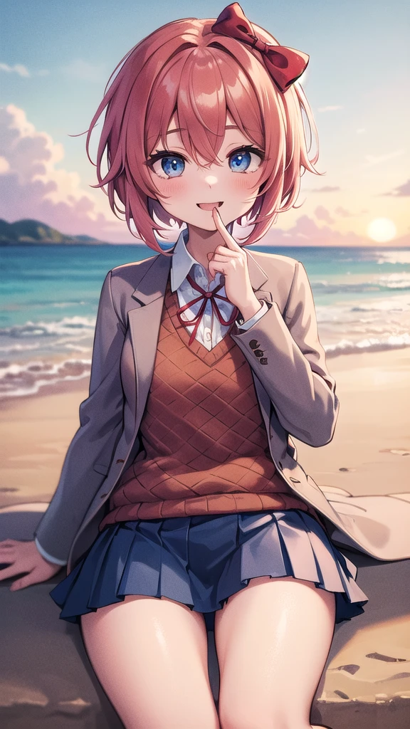 Masterpiece, perfect lighting, (beautiful, Best quality: 1.3), ddlcsayori, ddlcsayori, Perfect eyes, absurd, 8k, 1 girl, alone, (absurds), finely detailed, perfect hands, perfect anatomy, very large, smiling, mouth open, in love, looking at viewer, posing coquettishly, thighs, wide eyes, blue, hair between eyes, hair bow, hair ornament, pink hair, red bow, short hair, (small chest: 1.2), stockings white, blue skirt, pleated skirt, skirt, brown jacket, jacket, sitting in the beach at sunset