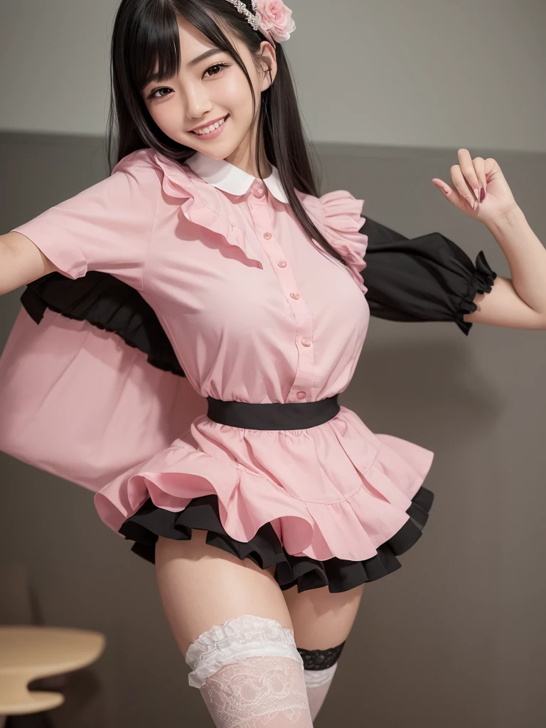 (Highest quality:1.5)、(masterpiece)、(8k:1.5)、Very detailed、Realistic、(1 Japan Beautiful Girl)、(Young face:1.2)、(Looking at me with a smile:1.5)、whole body、(Black Hair)、Small face、(Slender:1.2)、(Big Breasts:1.2)、(Pink shirt with fitted buttons and a frilly collar:1.2)、(High waisted ruffled pink short skirt:1.2)、(Black thigh-high socks)、(Black garter belt)、The shape of the breasts is emphasized