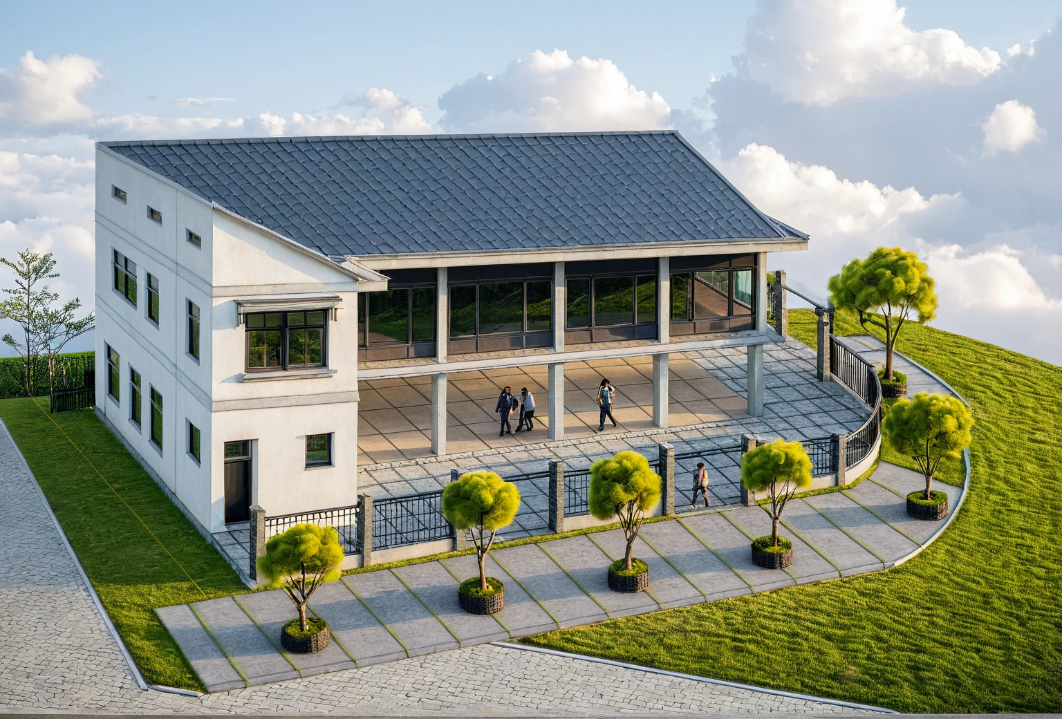 Masterpiece, high quality, best quality, authentic, super detail, outdoors, onestoreyvillaXL, aiaigroup, house style modern on the street ,stairs, white wall ,road,pavement, grass, trees, sky, cloud, (daylight:1.1)
