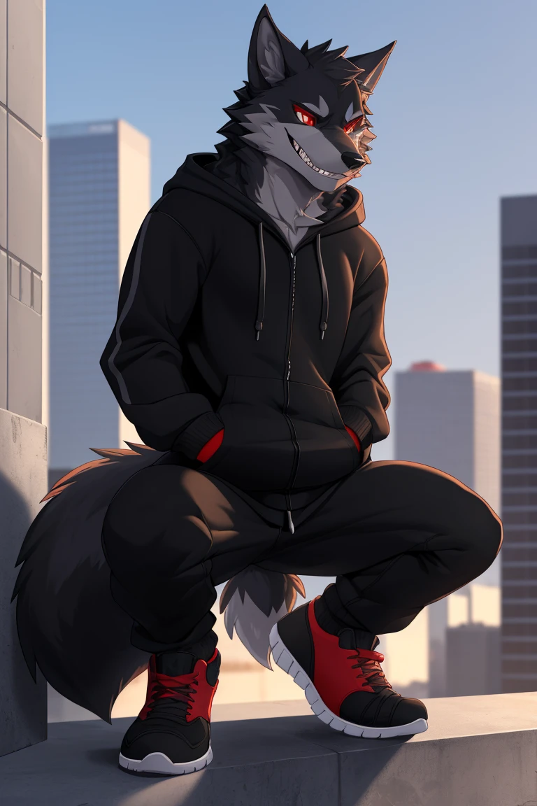 (4k , ultra detailed , flat colored)Furry werewolf , black wolf,Wear a black zip up hoodie,((hoodie is open)) , dark grey pants , open toed shoes , wolf feet , wolf tail , 1tail , tail on waist , malicious grin , blood red eyes , crouching over a building ledge