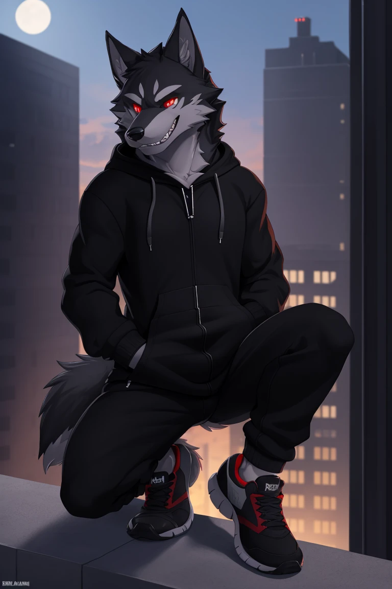 (4k , ultra detailed , flat colored)Furry werewolf , black wolf,Wear a black zip up hoodie,((hoodie is open)) , dark grey pants , open toed shoes , wolf feet , wolf tail , 1tail , tail on waist , malicious grin , blood red eyes , crouching over a building ledge