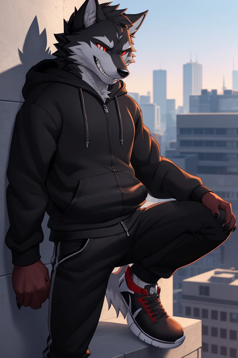 (4k , ultra detailed , flat colored)Furry werewolf , black wolf,Wear a black zip up hoodie,((hoodie is open)) , dark grey pants , open toed shoes , wolf feet , wolf tail , 1tail , tail on waist , malicious grin , blood red eyes , crouching over a building ledge