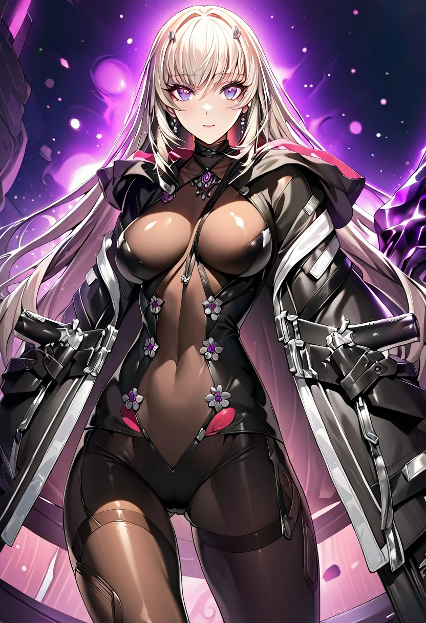 absurdres, by famous artist, exquisite, (((cowboy shot))), hood, jacket, body suit, black clothes, black wear, weapon,(((purple eyes))), masterpiece, super fine illustration, ultra high res, masterwork, best quality, cg unity 8k wallpaper, official art, ultra detailed, finely quality eyes, (((accurate face parts))), (((perfect face))), ((((((perfect eyes)))))), ultra detailed beautiful face, ultra detailed beautiful eyes, (((clear eyes, light eyes))), ((((((even eyes, symmetrical eyes)))))), (((breasts))), gleaming skin, oil skin, shiny skin, (((((((((black pantyhose, black tights)))))))), beautiful and aesthetic, High quality, extremely detailed, extremely detailed cg unity 8k wallpaper, super detailed skin, hdr, highers, extremely detailed beautiful face, 16k, finely detail, Amazing, top quality, distinct image, vibrant details, professional art, finely detailed face, a face of perfect proportion, high detailed face, beautiful, extremely detailed beautiful girl, ultra detailed beautiful girls, absolutely resolution, illustration, increase cinematic lighting quality, exquisite detail, hyper detailed, high detail, (((shiny eyes))), (((beautiful eyes))), (((detailed eyes))), (((beautiful face))), (((detailed face))), 1girl, solo, Smooth and Flawless Skin, Well-Defined Facial Features, Perfectly Proportioned Face, Fine Details Texture, Graceful and Symmetrical Features, Radiant and Healthy Glow, Expressive and Captivating Eyes, long shot, wide shot, hide arms, (((open jacket))), (((open collar))), bodystocking, (((black breasts skin tights))), breasts focus,