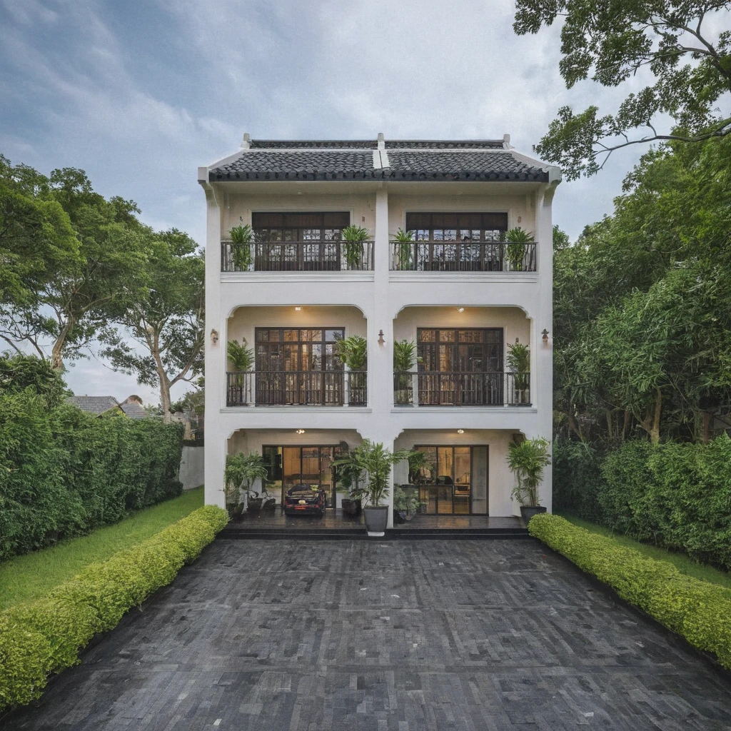 aw photo,Masterpiece, high quality, best quality, authentic, super detail,
exterior, outdoors, house style indochine on the street ,aiaigroup
road,pavement, grass, trees, sky, cloud, (day:1.1), vivid colour,VIEW FROM ABOVE DOWN, TILE ROOF, CATCH THE DETAILS