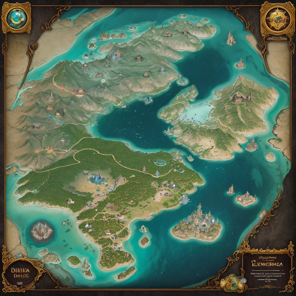 Create a detailed fantasy world map for a mystical land called Eldoria. This map should feature diverse and imaginative terrains, each with its unique characteristics. The northern region, Frostfang, is a land of eternal winter, with towering ice mountains, frozen lakes, and hidden ice caves. To the east lies the enchanted forest of Veridianwood, filled with ancient trees, magical creatures, and hidden elven cities. The southern expanse, Sandwhisper Desert, is a vast, golden desert with sprawling dunes, oasis towns, and ancient ruins. In the west, the realm of Stormwatch consists of rugged coastlines, stormy seas, and pirate havens.

At the center of Eldoria is the mystical capital, Luminara, a city of spires and shimmering lights, built around a magical crystal lake. Rivers and trade routes connect these regions, passing through verdant valleys, treacherous mountain passes, and serene meadows. Label key locations such as kingdoms, towns, and notable landmarks, including the Dragonspine Ridge, Moonlit Grove, and the Whispering Isles. Add decorative elements like compass roses, sea monsters in the oceans, and intricate borders to enhance the map's fantasy aesthetic.