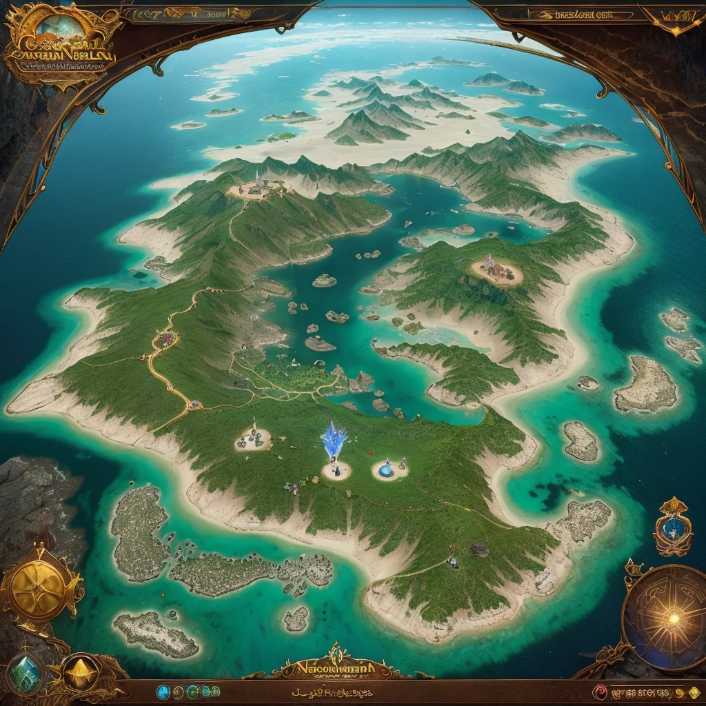 Create a detailed fantasy world map for a mystical land called Eldoria. This map should feature diverse and imaginative terrains, each with its unique characteristics. The northern region, Frostfang, is a land of eternal winter, with towering ice mountains, frozen lakes, and hidden ice caves. To the east lies the enchanted forest of Veridianwood, filled with ancient trees, magical creatures, and hidden elven cities. The southern expanse, Sandwhisper Desert, is a vast, golden desert with sprawling dunes, oasis towns, and ancient ruins. In the west, the realm of Stormwatch consists of rugged coastlines, stormy seas, and pirate havens.

At the center of Eldoria is the mystical capital, Luminara, a city of spires and shimmering lights, built around a magical crystal lake. Rivers and trade routes connect these regions, passing through verdant valleys, treacherous mountain passes, and serene meadows. Label key locations such as kingdoms, towns, and notable landmarks, including the Dragonspine Ridge, Moonlit Grove, and the Whispering Isles. Add decorative elements like compass roses, sea monsters in the oceans, and intricate borders to enhance the map's fantasy aesthetic.