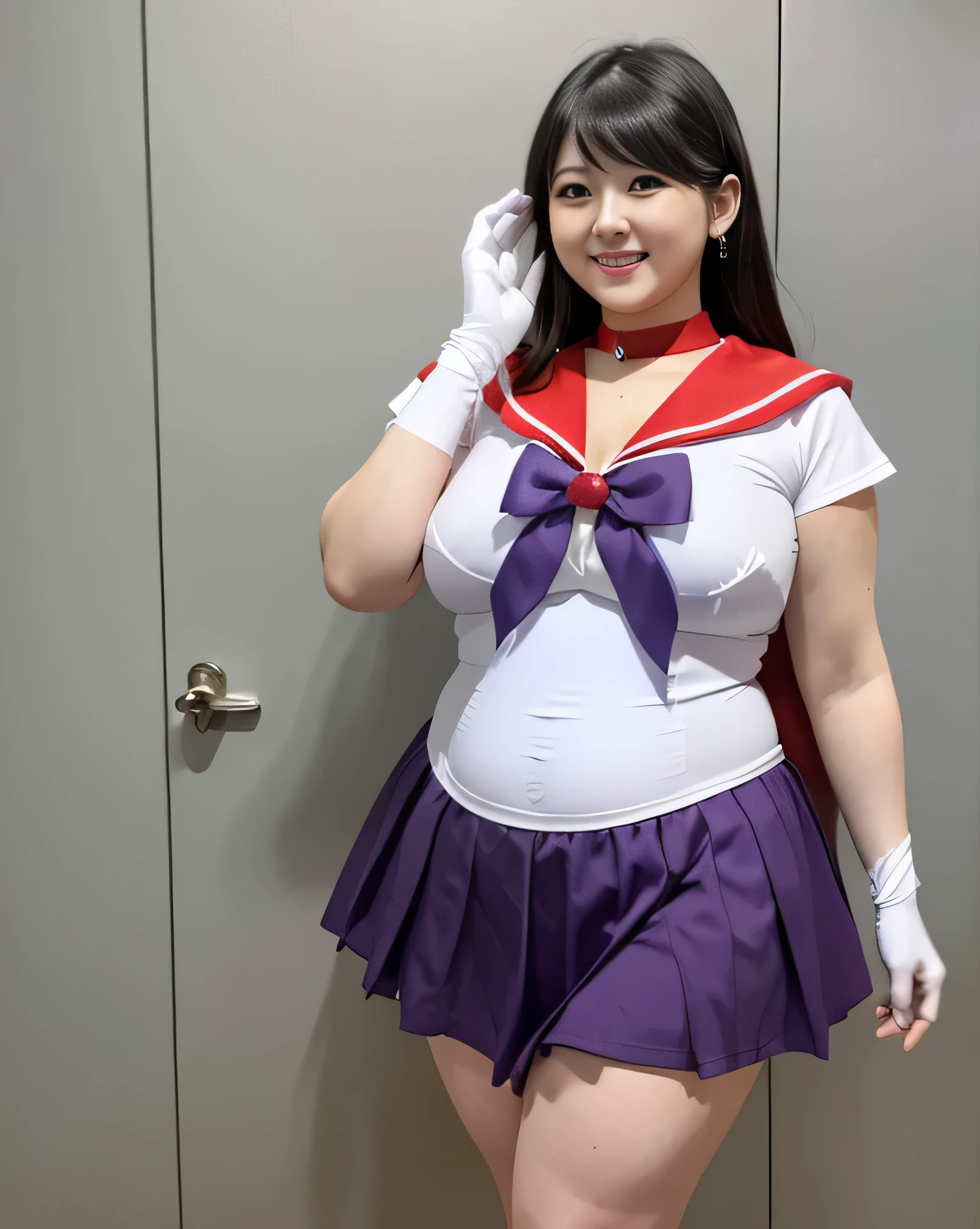 masterpiece,Highest quality,height,Same 1,Crown,Sailor Warrior Costumes,White gloves,Red Sailor Collar,Red Skirt,Star Choker,Elbow hand pockets,Pleated skirt,barefoot,Purple ribbon,smile,,Uptrend,pants,Accentuate your breasts, \(nsf wolf\),Overweight, ((Extremely fat)), ((Chubby)), Japanese, ((twinkle smile))