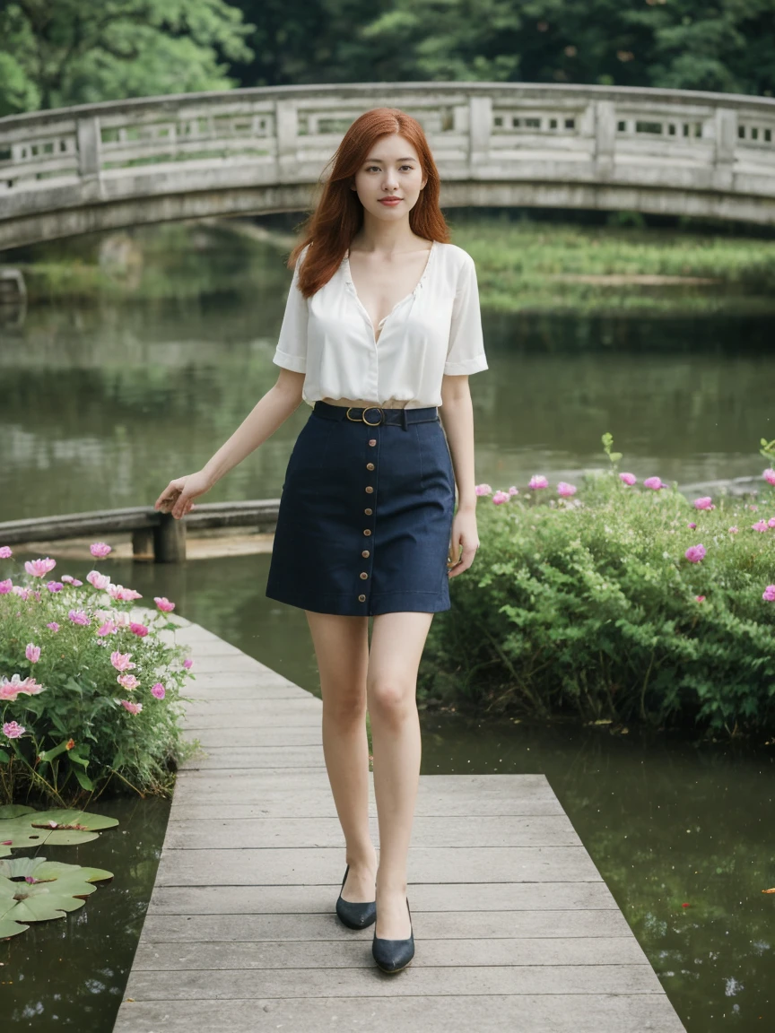 her name is Amelie, high quality, 1girl, ((25-year-old fit Caucasian woman)), ((large breasts)), ((25 years old)), ((slim,thin belly and thin legs)), ((straight auburn hair)), pose: standing, wearing Popular Generation-Z modern wear elegant colored, BACKGROUND: "Strolling through Monet's garden, with its famous water lily pond and Japanese bridge."