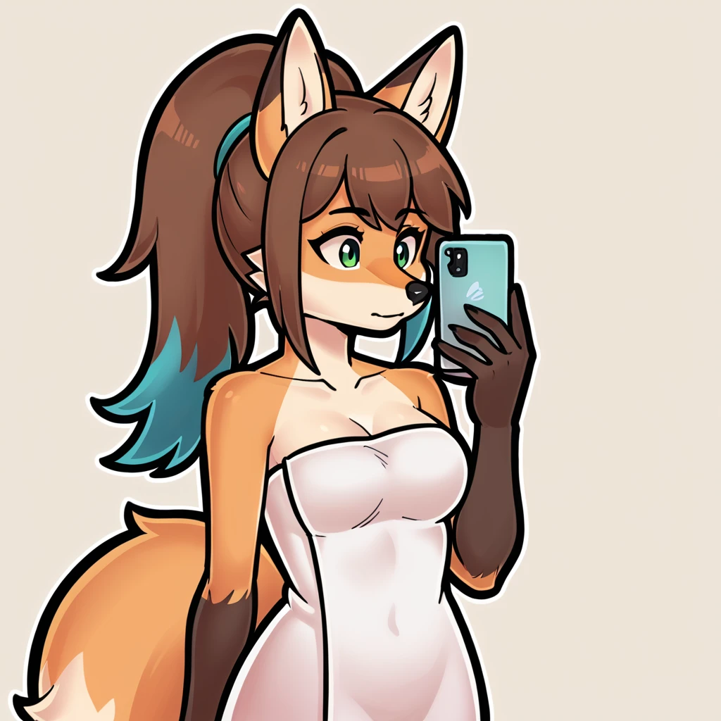 score_9, score_8_up, 1girl, anthro fox, bangs, ponytail, dark brown hair, light brown fur, green eyes, thin, medium breasts, blue highlights, wrapped in towel, holding phone