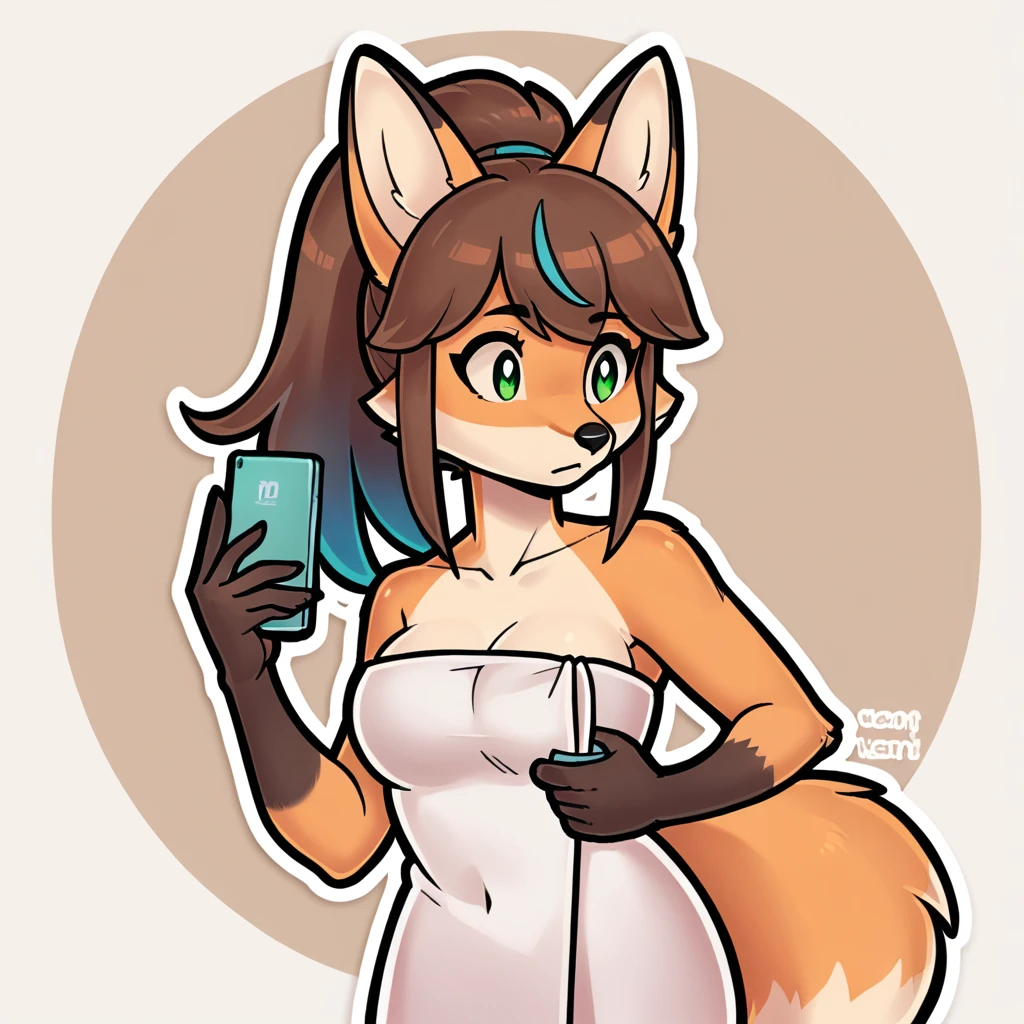 score_9, score_8_up, 1girl, anthro fox, bangs, ponytail, dark brown hair, light brown fur, green eyes, thin, medium breasts, blue highlights, wrapped in towel, holding phone