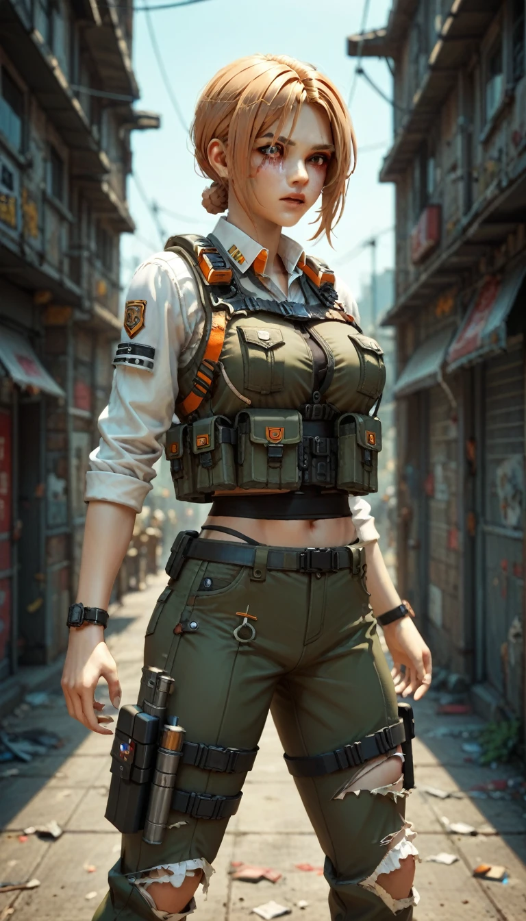 score_9, score_8_up, score_7_up, source_anime, 2d, 1girl, masterpiece, Nikke, goddess of victory character, (battle android), female character, female android, (wearing jacked with straps, cargo pants, military vest), action pose, battle damage, (visible (damaged:1.5) electrical (android parts:1.3))