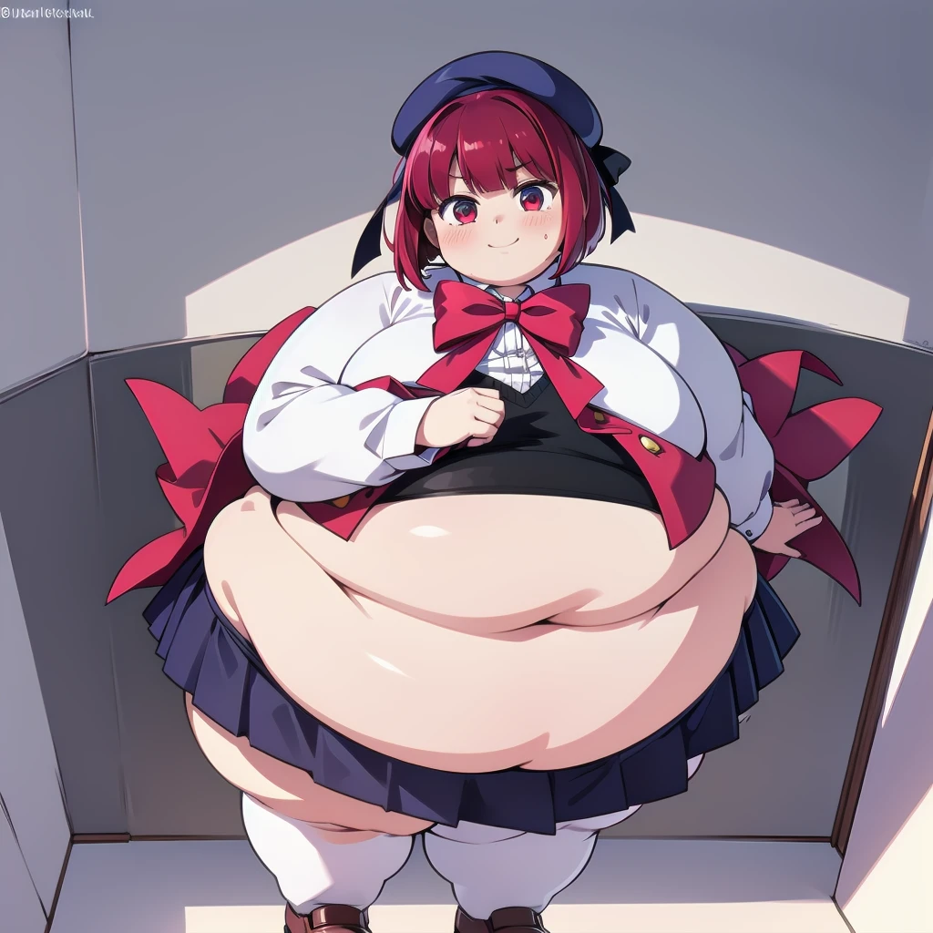 a recording studio,   arima_kana, short hair, hat, shirt, bow, long sleeves, beret, red hair, jacket, red eyes, bowtie, white shirt, collared shirt, skirt, full body, from behind, looking at viewer, from above, standing, smile, blush, solo, 1girl, SSBBW kana arima, big cheeks, ssbbw, severely obese, 600lbs obese female, no pupils, ultra detailed, masterpiece, best quality, aesthetic, detailed, Fluffy and Fat Face, Big Butt, Big Cheeks, Obese Body, Sexy, Obese Girl, Happy, Cute Expression, Very Hot, bbwchan, nsfw art, manhwa, oppai proportions, she has a jiggly fat round belly, body swelling about to explode, thicc, with a large breasts, doujin, very thick thighs, obese arms, obese belly, big cheeks, Slob body