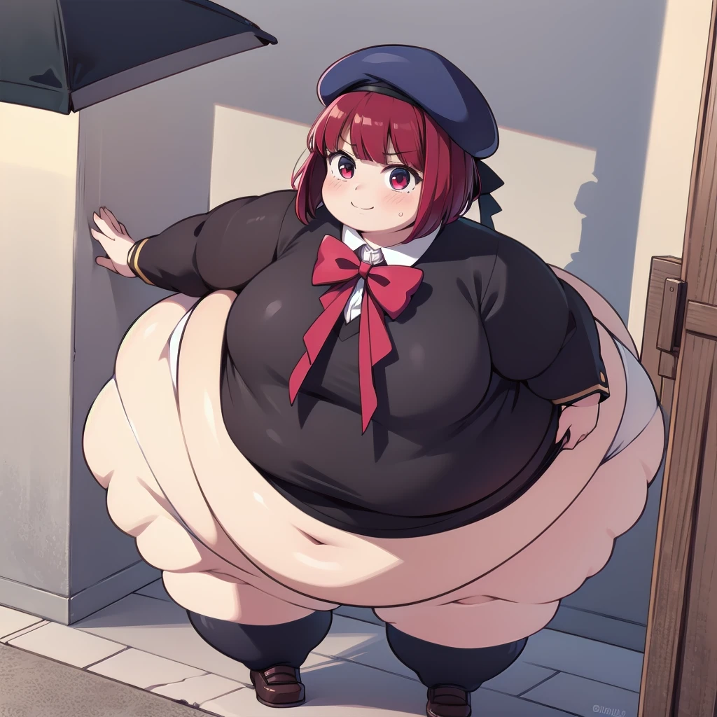 a recording studio,   arima_kana, short hair, hat, shirt, bow, long sleeves, beret, red hair, jacket, red eyes, bowtie, white shirt, collared shirt, skirt, full body, from behind, looking at viewer, from above, standing, smile, blush, solo, 1girl, SSBBW kana arima, big cheeks, ssbbw, severely obese, 600lbs obese female, no pupils, ultra detailed, masterpiece, best quality, aesthetic, detailed, Fluffy and Fat Face, Big Butt, Big Cheeks, Obese Body, Sexy, Obese Girl, Happy, Cute Expression, Very Hot, bbwchan, nsfw art, manhwa, oppai proportions, she has a jiggly fat round belly, body swelling about to explode, thicc, with a large breasts, doujin, very thick thighs, obese arms, obese belly, big cheeks, Slob body