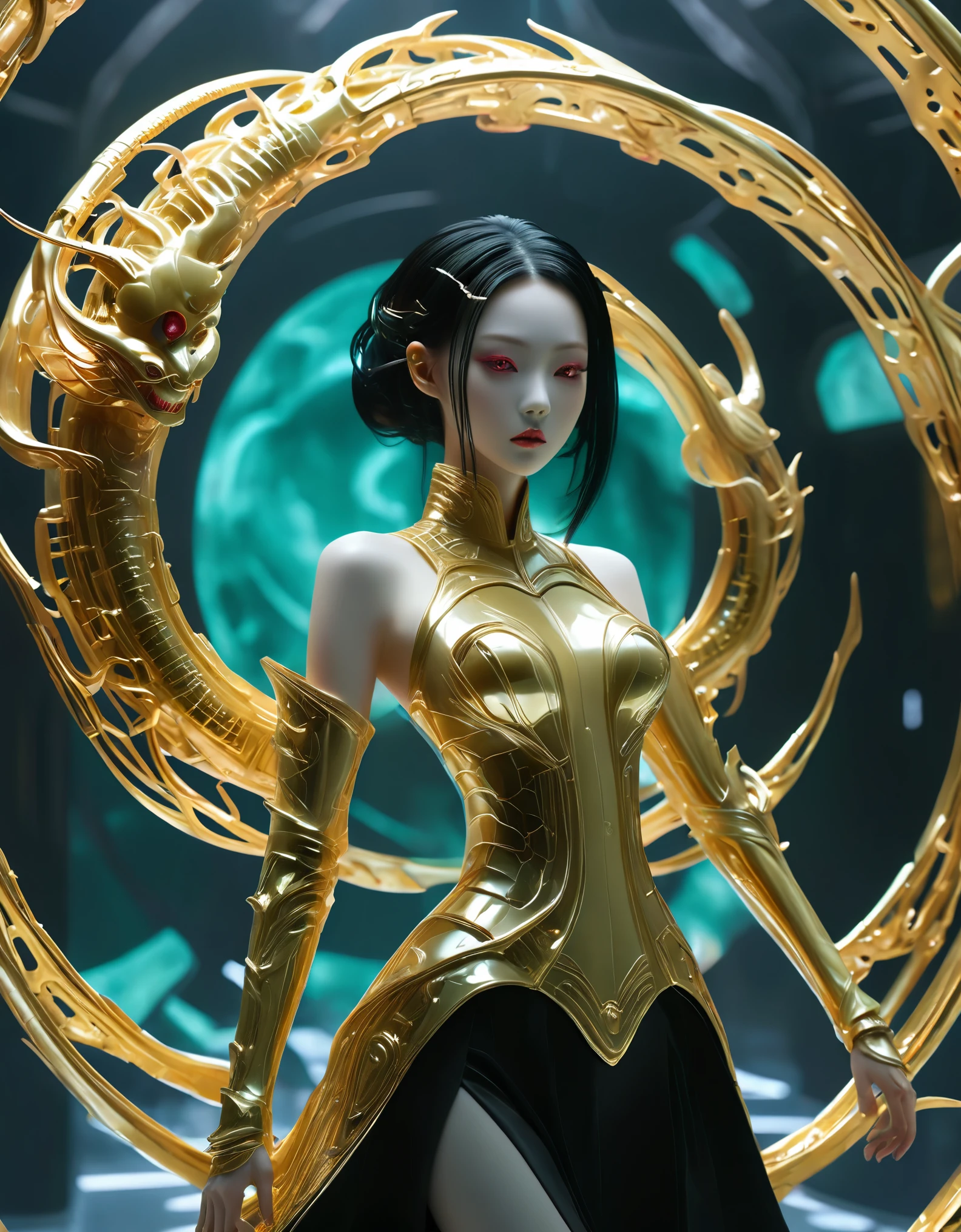 A fashion runway for alien technology , Exquisite face，vogue photography , Inspired by Chinese Xianxia and cyberpunk。(Best quality,4K,8k,A high resolution,Masterpiece:1.2), (Realistic,Photorealistic,photo-realistic:1.37).Gold inlaid jade style，Shiny，Exquisite，Hell Girl，Riding the Ruby Monster