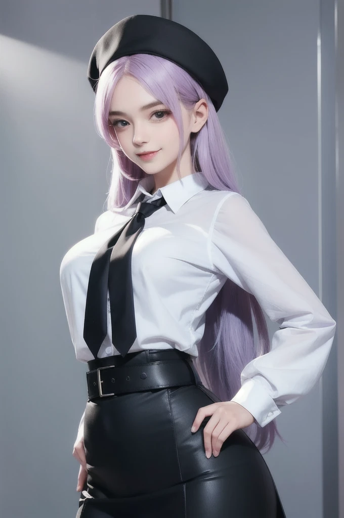 1girl, lilac long hair, black berret, wear a white shirt with collar, balck tie, belt, balck fashion skirt, hands on hips, smile. (((Beautifull))), (((detailed face)))