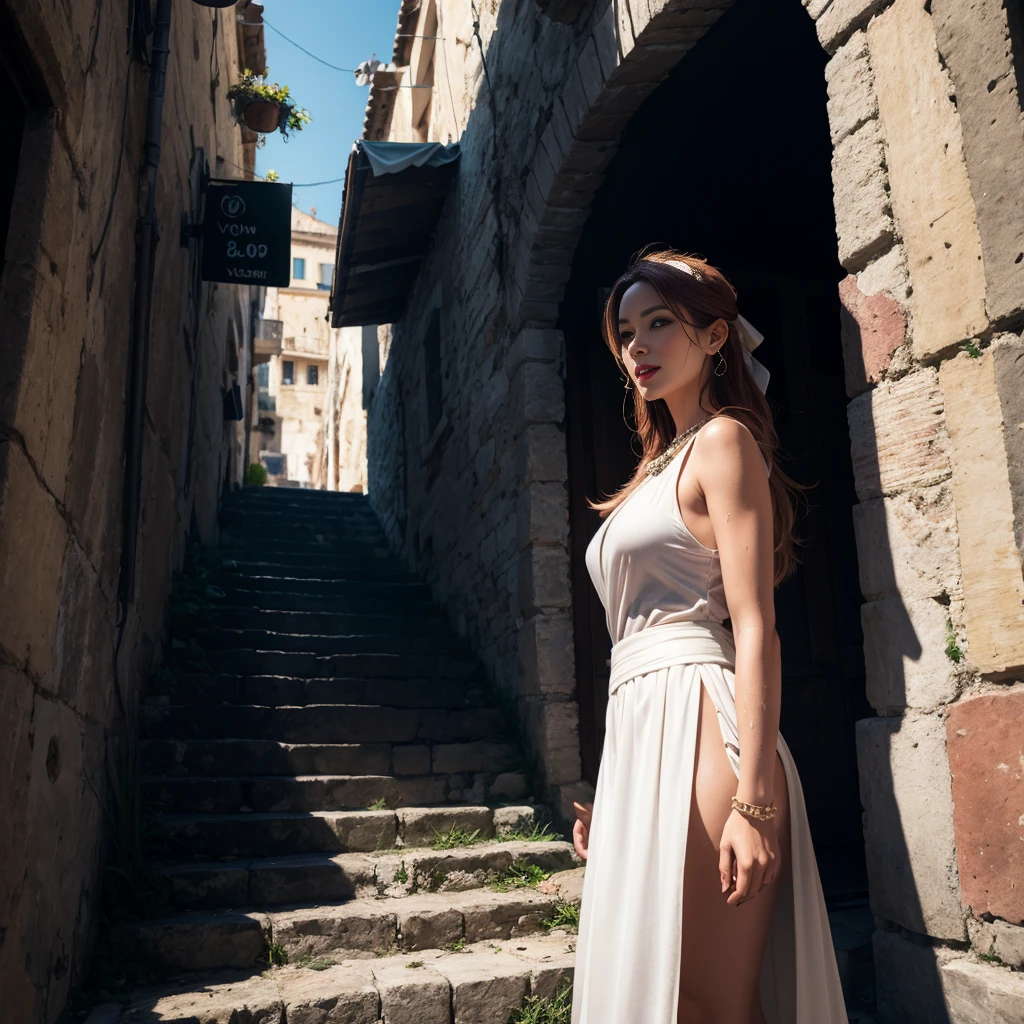 Documentary photo of a gorgeous 50 years old redhead woman goes down the stairs in a alley of Matera, (beautiful face:1.3), real skin pores, skin imperfections, perfect face. Long loose hair. (1woman), She wears the classic long white vestal toga of the ancient Greeks, long white skirt, (long white vestal toga:1.3), bare shoulders, sleeveless, (long white skirt moved by the wind, raised by the wind). Going down the steps in sassi_di_matera. Necklace and earrings, slightly open mouth, moles on skin. The wind lifts her toga showing off her panties. Upskirt in bright sunny day. High-heeled shoes. Partially visible vulva behind panties. Looking at viewer smiling, perfect beautiful face, red slightly separated lips. Photorealistic solo woman. Partially visible hairy genitals. Clear blue cloudy sky. Frontal view. Photorealistic image. Realistic hands. Rain, water, waterfall, wet. [The character is surrounded by mist, evoking a mysterious and eerie atmosphere. The lighting is dark and atmospheric, with smoke adding a touch of sinister ambiance. Best quality image, HDR enhancement, showcasing the utmost level of detail and realism, full body shot:1.5]. [8K, Best Quality, Ultra High Resolution, (highly detailed CG unity 8k wallpaper), (best photo), (best shadows), isometric 3D, octane rendering, ray tracing, highly detailed, (Best quality, 4K, 8k:1.2), absurdity, ultra detailed, (realistic, photorealistic, photorealistic:1.37), complex parts, HDR, (complex parts:1.12), (hyper detailed, hyper realistic, Soft lighting, spicy:1.2), (complex parts, Hyper detailed:1.15). Blurred foreground. (backlit), masterpiece, high quality, brightness, chromatic aberration, foggy smoke, shadows, contrast, clear sky, (warm hue, warm tone), high details, natural reflections].