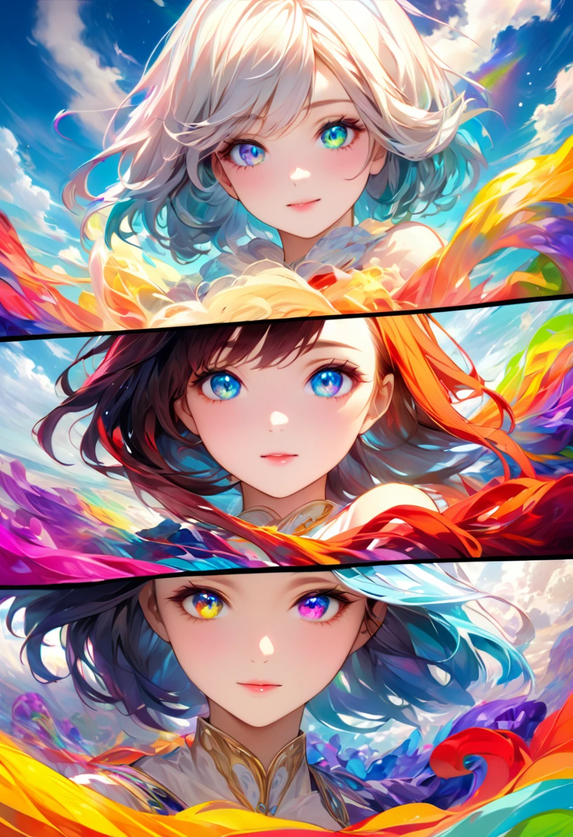 Chinese woman, face close up, The figure of a soaring woman is made of ribbons., smoke, in the sky, bright colors, Mysterious color, modern impressionism, Portrait of Yan Juncheng, rainbow painting, 3/4 views, Cute face, low angle, wide swirling elements, Big beautiful crystal eyes, large iris, UHD, HDR, 8ก, (Masterpiece: 1. 5), (Pictures of the most beautiful people in the world: 1.5)