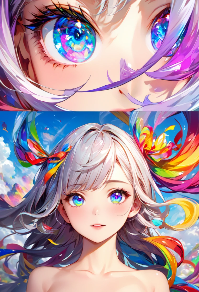 Chinese woman, face close up, The figure of a soaring woman is made of ribbons., smoke, in the sky, bright colors, Mysterious color, modern impressionism, Portrait of Yan Juncheng, rainbow painting, 3/4 views, Cute face, low angle, wide swirling elements, Big beautiful crystal eyes, large iris, UHD, HDR, 8ก, (Masterpiece: 1. 5), (Pictures of the most beautiful people in the world: 1.5)