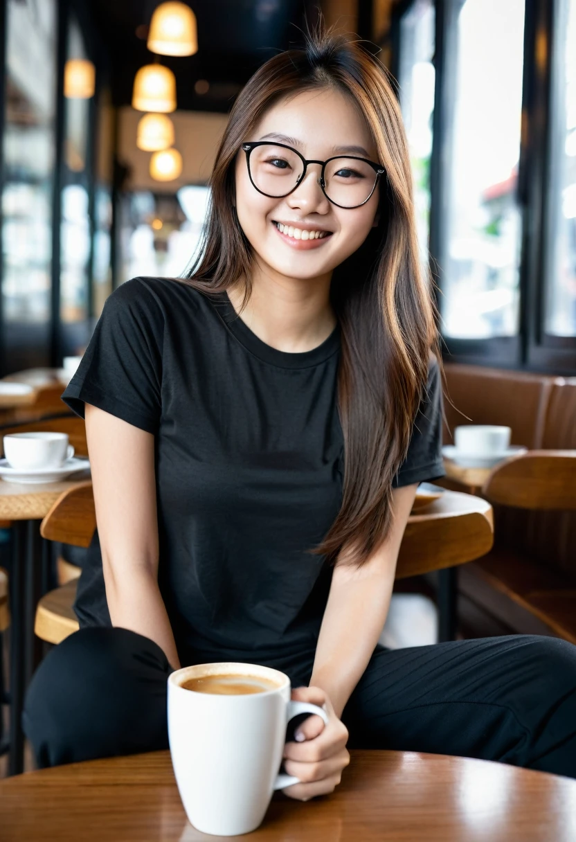 A  beautiful slim young 20 year old asian girl with a small face and no glases long  brown hair wearing full selves pure  black tshirt and  pure black track pants sitting in a coffe shop with a white coffe cup smiling. behind of the girl are glasses and a other seats