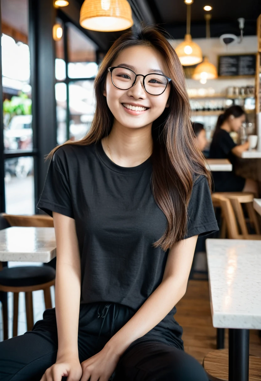 A  beautiful slim young 20 year old asian girl with a small face and no glases long  brown hair wearing full selves pure  black tshirt and  pure black track pants sitting in a coffe shop with a white coffe cup smiling. behind of the girl are glasses and a other seats