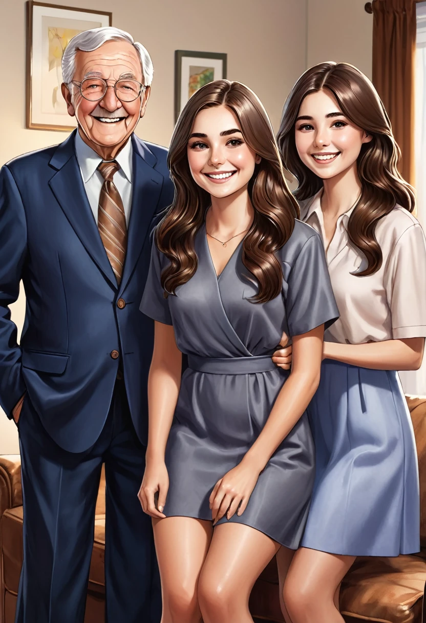 25 year old girl standing in front of her elderly parents, who are sitting on the couch. The 25-year-old has wavy brown hair and dresses formally... She is smiling and very excited to tell her parents that they hired her.