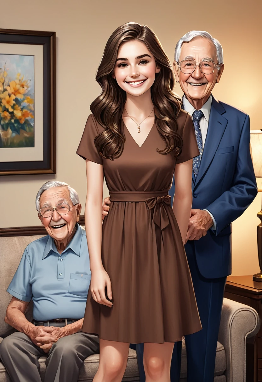 25 year old girl standing in front of her elderly parents, who are sitting on the couch. The 25-year-old has wavy brown hair and dresses formally... She is smiling and very excited to tell her parents that they hired her.