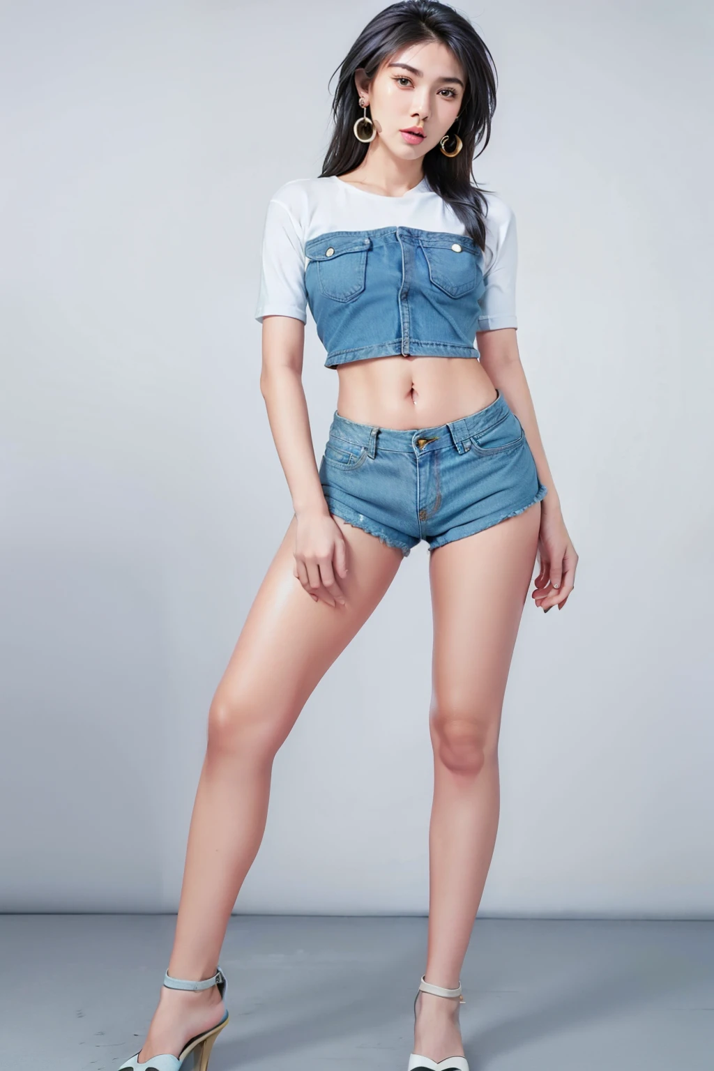 (tall:2),(photo realist: 1.2), (hiper realist: 1.2), (realistic: 1.2), (smoother lighting: 1.2), (Improve the quality of movie lighting: 1.2), (RAW photo:1.2), (better quality:1.2), (perfect eyes:1.2), (masterpiece:1.2), (Physically based rendering:1.2), (ultra high resolution:1.2), (best quality:1.2),(standing:2),(full body photo:2),(sexy pose:2),(long hair:1.2),(beauty face:1.2),(earring:2),(tied shirt:1.2),(denim micro shorts:2),(belt:1.2),(simple background:2),(shiny skin:1.2),(navel:1.2)