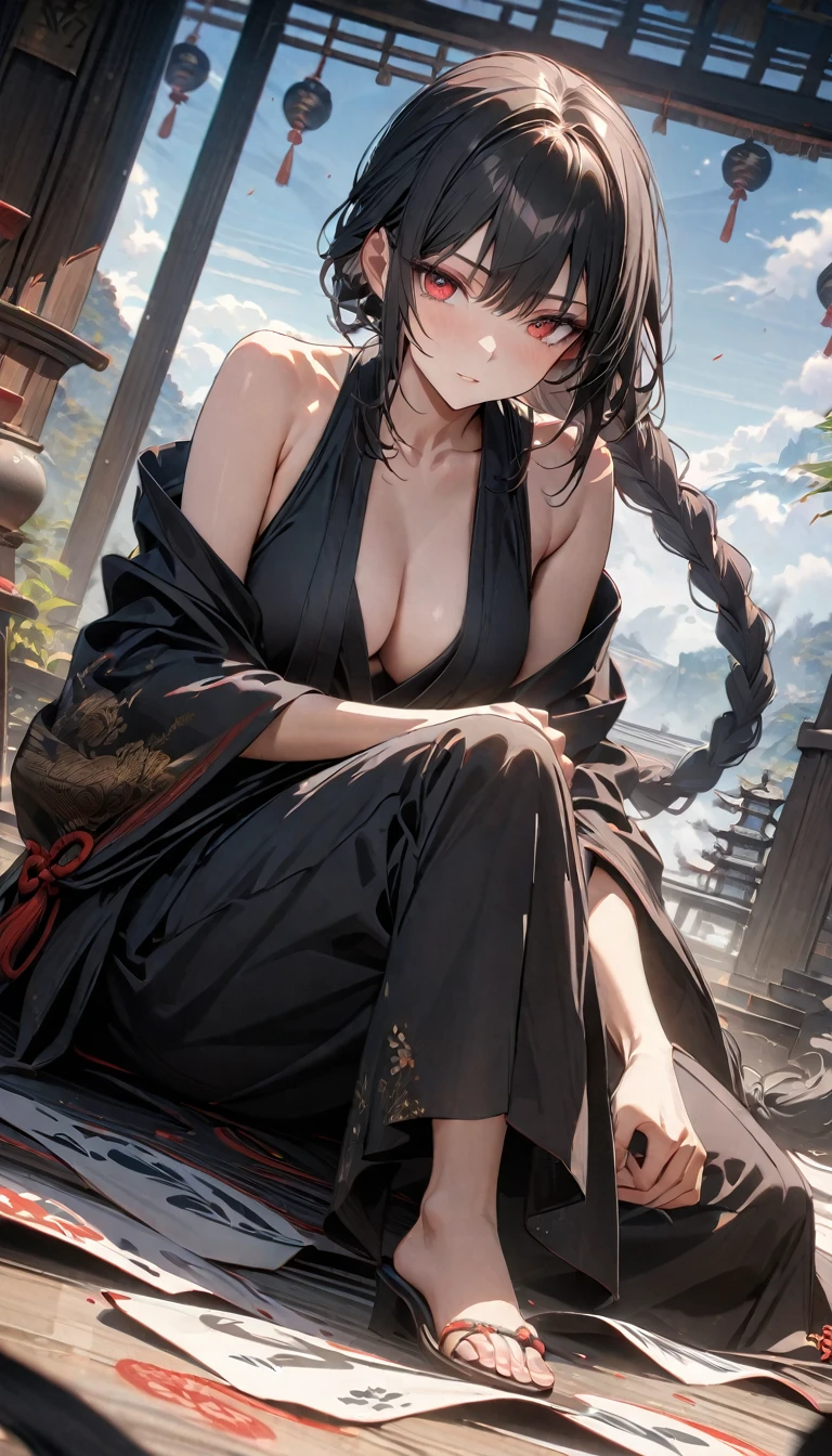 Adult girl, long black hair, big braid, red eyes, black hanfu, sleeveless, open shoulders, pants, white elements, Dao, Masterpiece, best quality, Full HD, 8k, ultra details, great graphic
