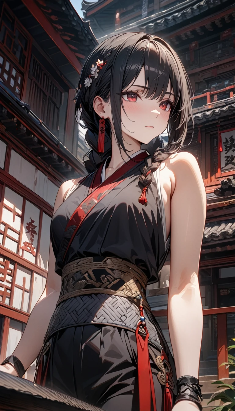 Adult girl, long black hair, big braid, red eyes, black hanfu, sleeveless, open shoulders, pants, white elements, Dao, Masterpiece, best quality, Full HD, 8k, ultra details, great graphic