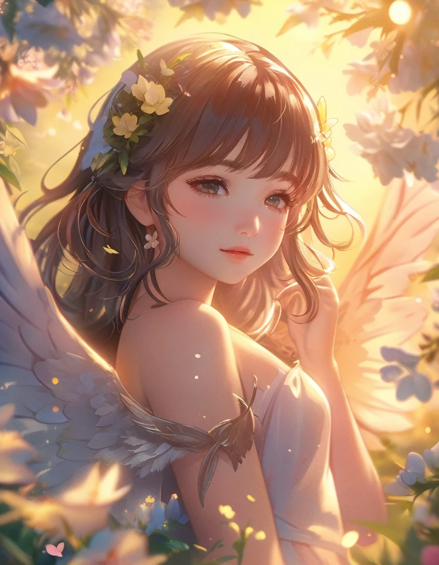 Anime girl with wings and flowers in her hair, Detailed digital anime art, anime art wallpaper 4k, anime art wallpaper 4k, Anime Style 4k, Gwaiz on pixiv artstation, Anime Art Wallpapers 8K, 8K high quality, detailed art, Gwaiz, Gwaiz on artstation pixiv