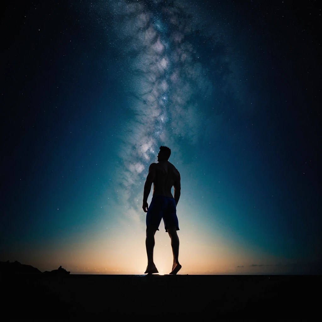 a figure of a lonely musculed hunky man standing in ocean water (undressed) up to the knees, shown against the backdrop of bright blue stars in the night, lots of stars in front of him, violet and navy blue sky
