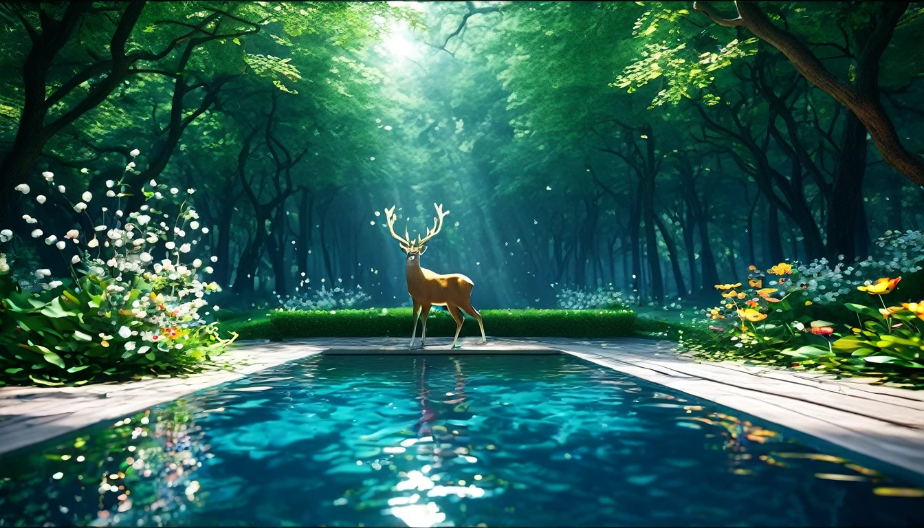 masterpiece, Highest quality, (Highly detailed CG synthesis 8k wallpaper), (Highest quality), (Best illustrations), (The best shade), Glowing Elf, And the glowing deer, In the pool Drinking water, nature元素 in the forest theme. Mysterious Forest, Beautiful Forest, nature, Surrounded by flowers, delicate leaf and branch surrounded by fire Fly (nature元素), (Jungle theme), (leaf), (branch), (fire Fly), (Particle Effects) wait. 3d , Octane Rendering, Ray Tracing, Super detailed--v6