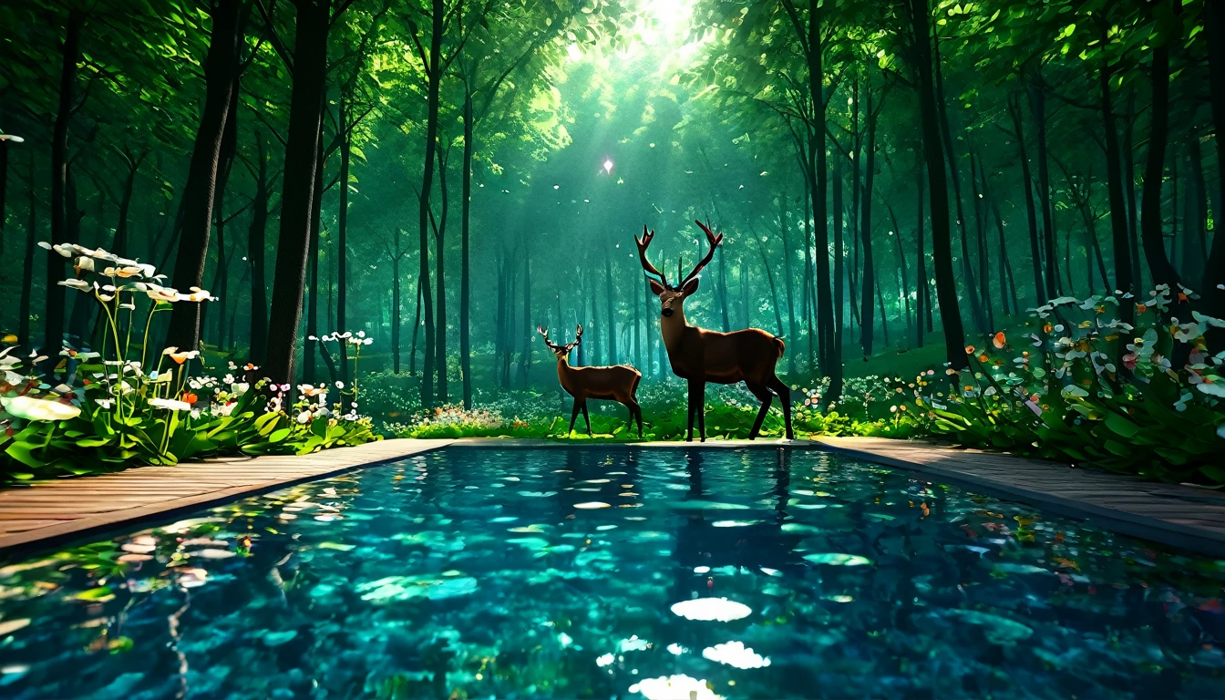 masterpiece, Highest quality, (Highly detailed CG synthesis 8k wallpaper), (Highest quality), (Best illustrations), (The best shade), Glowing Elf, And the glowing deer, In the pool Drinking water, nature元素 in the forest theme. Mysterious Forest, Beautiful Forest, nature, Surrounded by flowers, delicate leaf and branch surrounded by fire Fly (nature元素), (Jungle theme), (leaf), (branch), (fire Fly), (Particle Effects) wait. 3d , Octane Rendering, Ray Tracing, Super detailed--v6