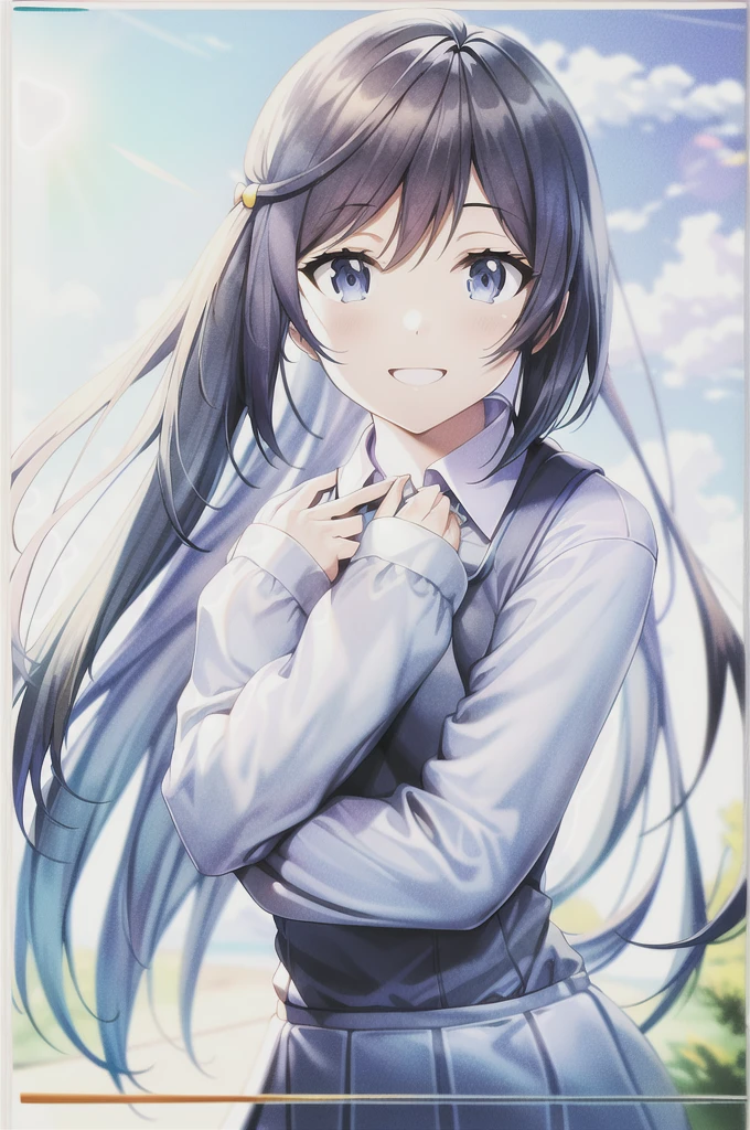 (best quality, masterpiece:1.2), 1girl, solo, anime, anime screencap, ray tracing, global illumination, ultra resolution image, vivid color, cinematic light, lens flare, light on face, glow eyes, depth of field, happy, detailed background, cute, straight-on, smile, looking at viewer, outdoors, sky, cloud,
yuki setsuna, upper body, jacket, long sleeves,