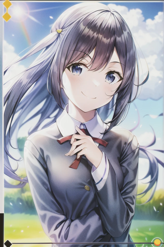 (best quality, masterpiece:1.2), 1girl, solo, anime, anime screencap,  ray tracing, global illumination, ultra resolution image, vivid color,  cinematic light,  lens flare,  light on face, glow eyes,  depth of field, happy, detailed background, cute,  straight-on, smile, looking at viewer, outdoors, sky, cloud, 
 yuki setsuna, upper body, jacket, long sleeves,