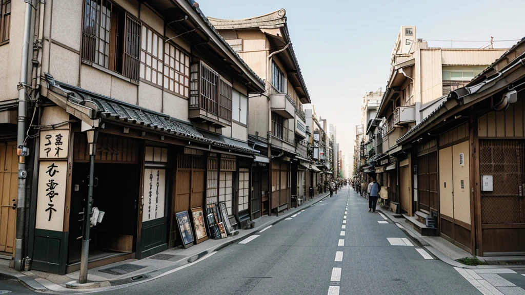 A comic style illustration of tokyo old town as seen from street level. Camera View should be in the middle of the city from a sidewalk.